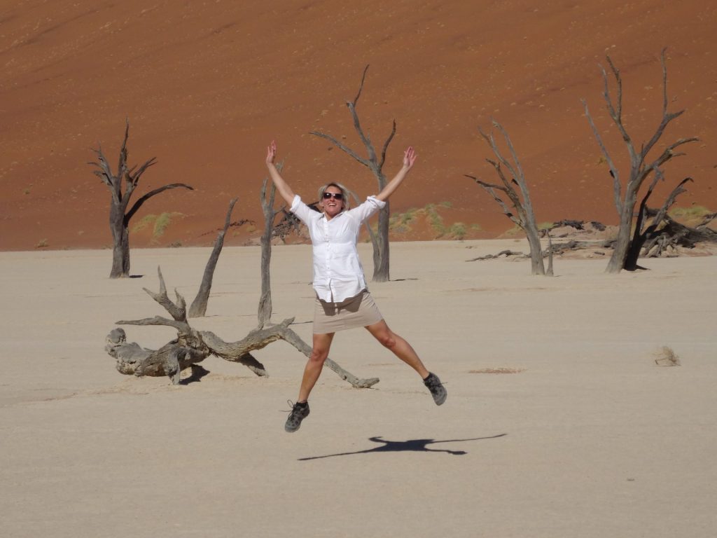 Jo Knight jumping for joy, Namibia